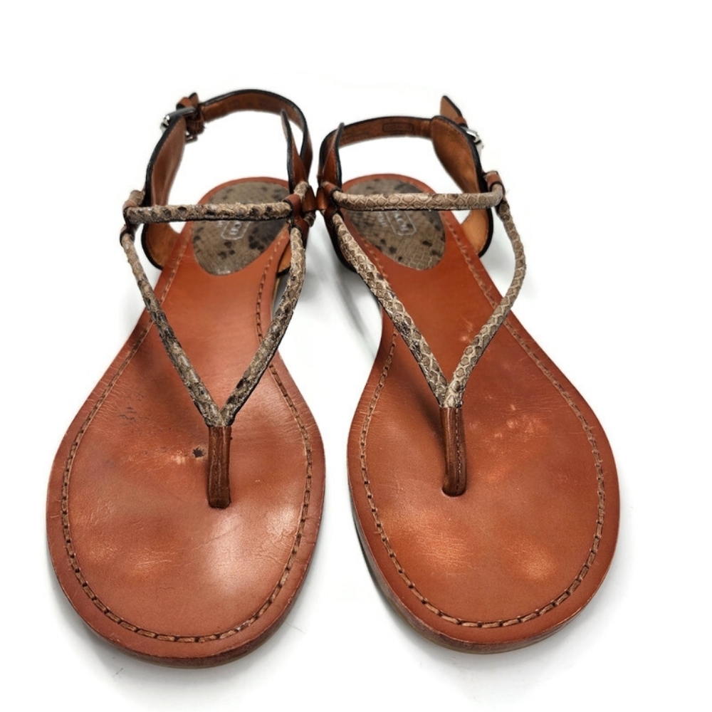 Coach Coco Tan Leather & Python Snake Print T-Strap Slingback Flat Thong Sandals - Picture 5 of 13